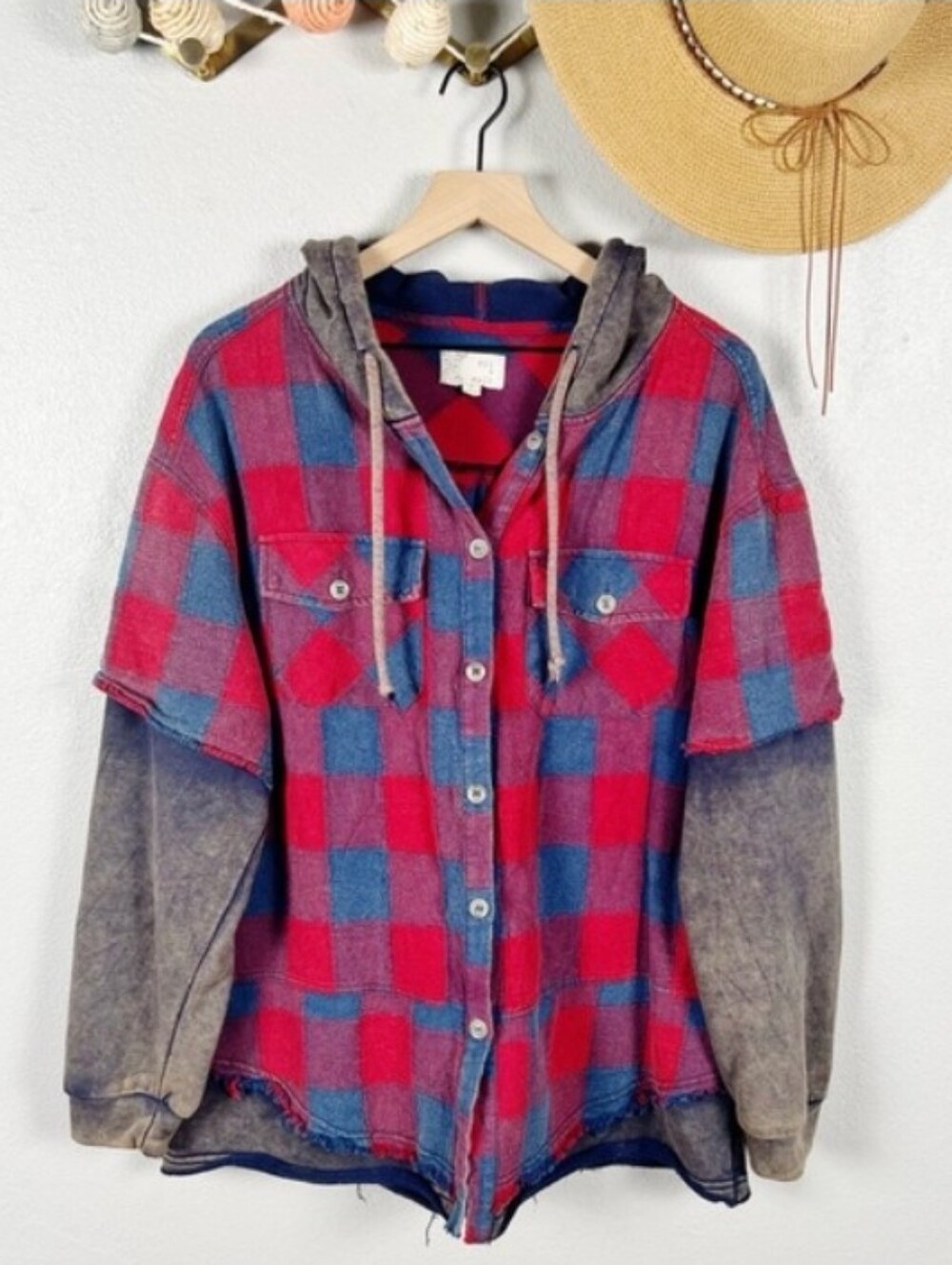 Oli & Hali Berry Mixed Media Blue Plaid Hooded Sweatshirt Jacket Medium Shacket